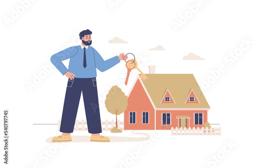Real estate web concept with people scene. Man buying new home with mortgage loan and holding keys. Realtor puts house up for sale or rent. Character situation in flat design. Vector illustration.