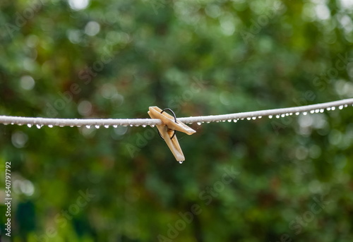 Clothespin on a rope with water droplets in the rain  on the background of foliage in summer © Александр Коликов