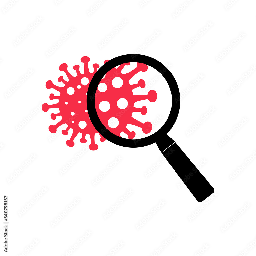 Magnifier and virus icon. Virus and bacteria concept. Microbe symbol pictogram. vector illustration