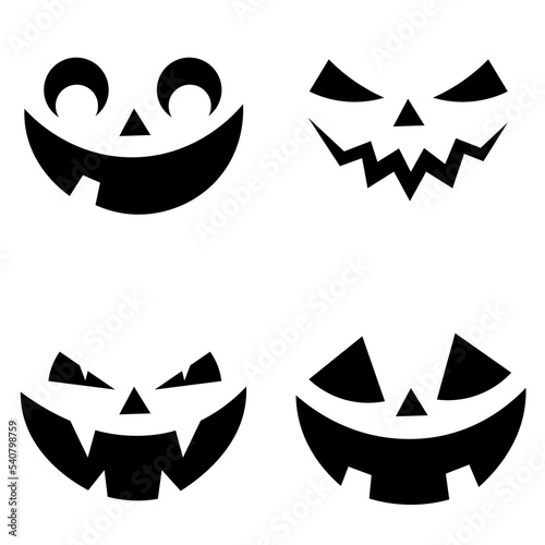 Set of Halloween pumpkin smile faces. Spooky, scary Jack O Lantern smile. Silhouette icons set for Halloween. Isolated on white background. Vector illustration.