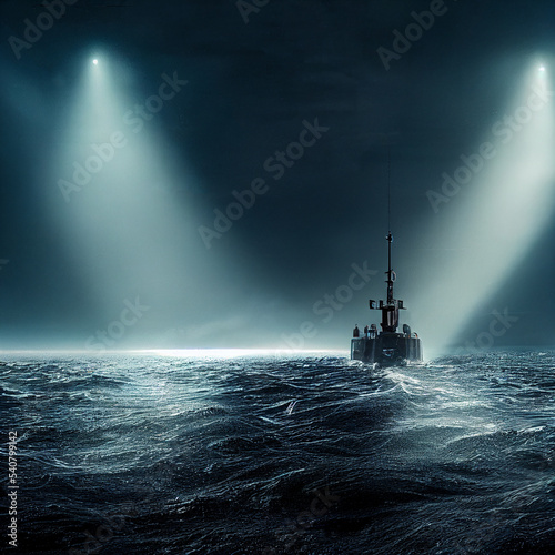 Vászonkép Submarine at periscope depth. 3D rendering.