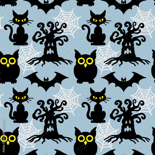 Seamless halloween pattern bat, cat, spider, tree