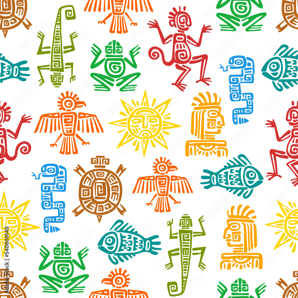 Maya, Aztec totems seamless pattern background, vector Mexican tribal symbols. Mayan or Mexico Inca tribe totem signs of animals and sun, ethnic Aztec or Maya pattern of fish, lizard, turtle and snake