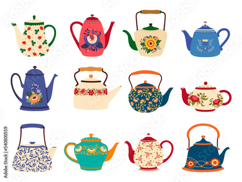 Cartoon ceramic teapots and kettles, vintage kitchen crockery or pottery tableware. Isolated vector coffee or tea pots, decorated with floral ornaments of flower blossoms, berries and green leaves