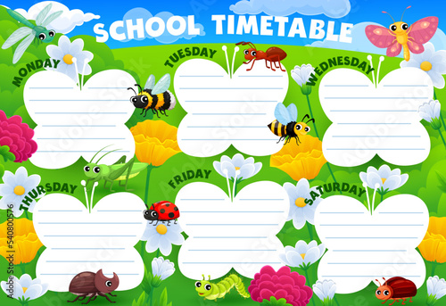 Timetable schedule with cartoon insect characters on summer meadow background frame. Vector school timetable or week schedule of student classes with cute butterfly, ant, bee and ladybug personages