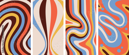 Set of Retro Groovy rainbow background templates with linear psychedelic geometric patterns. Vector hand drawn illustration. 70s bright desing 1920-1080 size