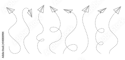 Paper airplane lines. Vector hand drawn outline paper planes and airplanes with dashed lines of flight route trails. Isolated origami aircraft, flying gliders with folded paper wings and contrails