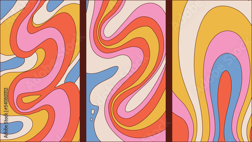 Set of trhee 60s 70s Style Color Waves Backgrounds. 1920-1080 screen size for social media backdrops. Vector contour hand drawn illustration.