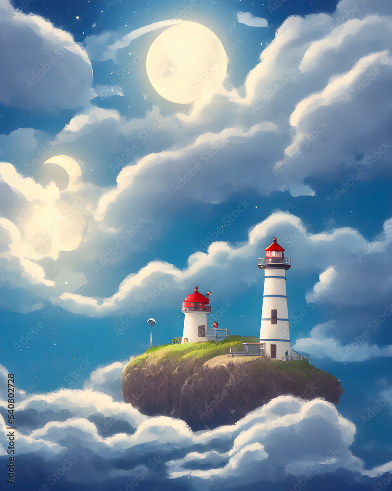 beautiful cute cozy little lighthouse by the sea and a cozy cottage. 3d illustration