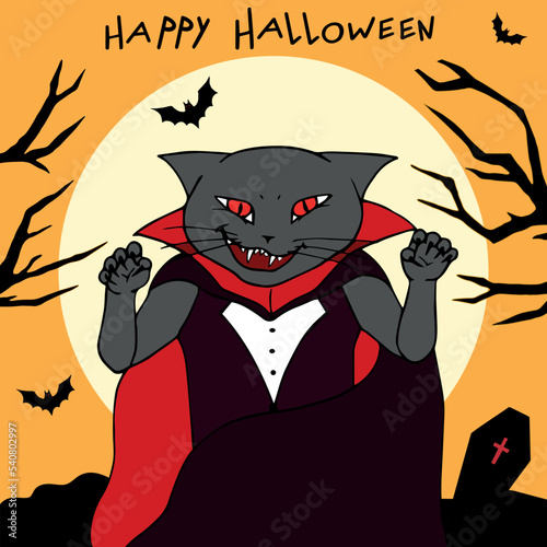 Cat vampire on scary background. Happy Halloween. Hand drawn vector art