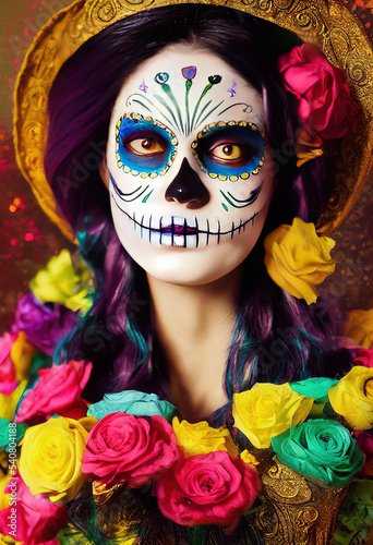 Beautiful woman dressed as Mexican Catrina, wearing a flower crown