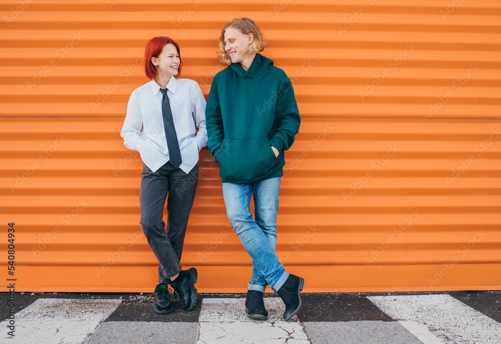 Portraits of two smiling to each other caucasian teen friends boy and ...