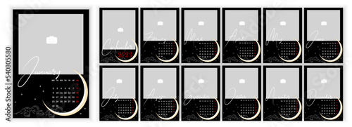 Wall Monthly Photo Calendar 2023. Simple monthly vertical photo calendar Layout 2023 year in English. Cover, 12 months templates. Week starts from Monday. Vector illustration