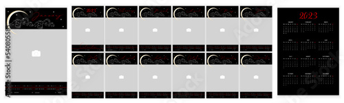 Wall Monthly Photo Calendar 2023. Simple monthly vertical photo calendar Layout for 2023 year in English. Cover Calendar, 12 months templates. Week starts from Monday, Sanday. Vector illustration