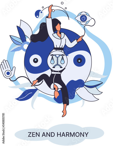 Zen and harmony metaphor, meditation practice. Balance, relaxation, mindfulness. Calm person relaxing. Yoga and spiritual practice, relax, recreation, healthy lifestyle. Japanese cult of mind and body