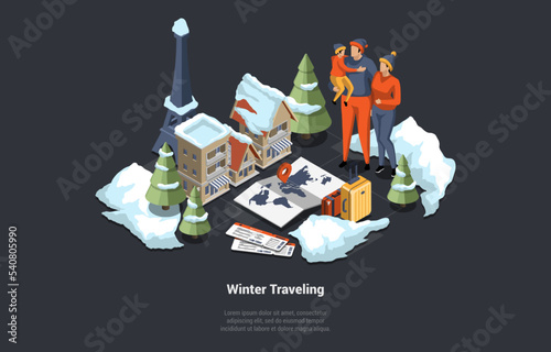 Winter Travelling, Family Christmas Vacations Concept. Family Planning Witer Vacations. Characters Planning Route, Book Hotel, Buy Tickets Using Mobile Application. Isometric 3D Vector Illustration