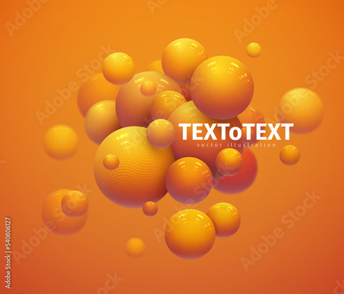 3D realistic spheres on orange background for banner design. Bubbles textured with dots or letters. Vector background. Abstract vector template.