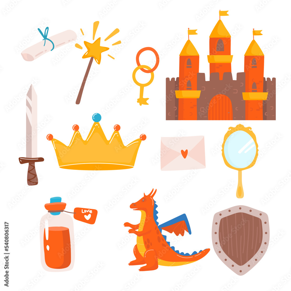 Hand drawn set of fairy tale and magic princess elements: lock, crown ...