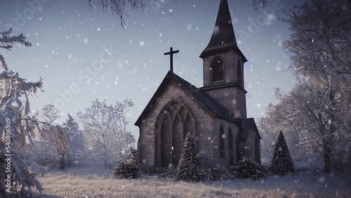 Computer generated 2D illustration of an old gothic small church chapel winter scene with a seamless snow falling loop. A.I. generated art.