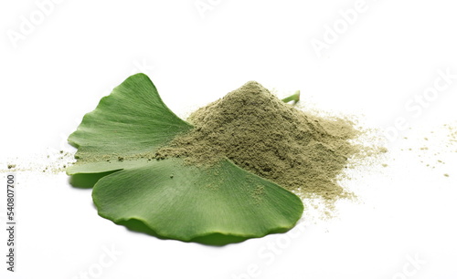 Ginkgo biloba green leaf with powder isolated on white