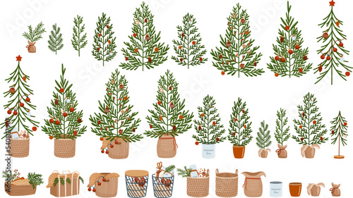 Christmas trees and buckets vector illustrations set