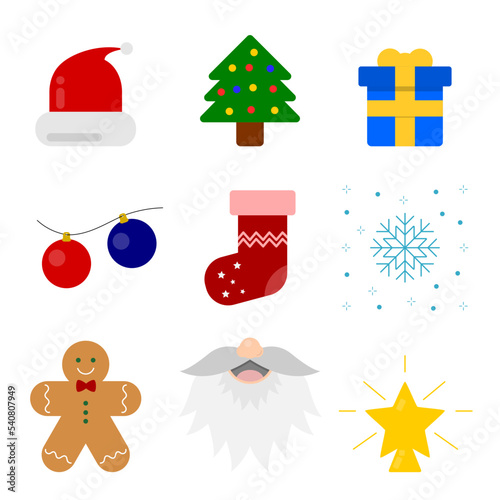 Christmas vector set with Santa Claus, tree, gift, sock, winter flake, biscuit and star.