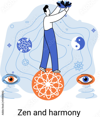 Zen and harmony, meditation practice. Balance, relaxation, mindfulness concept. Calm person relaxing. Yoga and spiritual practice, relax, recreation, healthy lifestyle. Japanese cult of mind and body