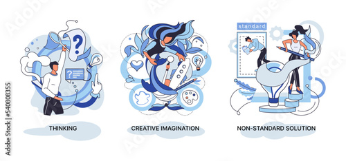 Creative thinking. People with different mental mindset types or model creative. Imaginative logical and structural thinking. MBTI person metaphor. Non standart solution. Brain think people solve idea