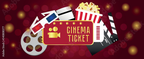 Banner with popcorn, ticket, movie clapper, film spool and 3D glasses on dark red background