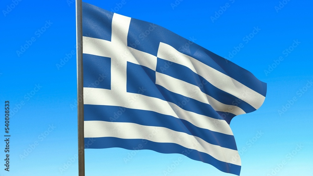 Obraz premium flag of Greece waving in the wind on flagpole against the sky 3d-rendering.