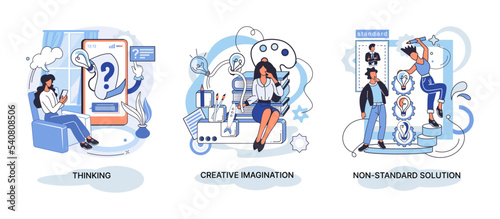 Creative thinking. People with different mental mindset types or model creative. Imaginative logical and structural thinking. MBTI person metaphor. Non standart solution. Brain think people solve idea
