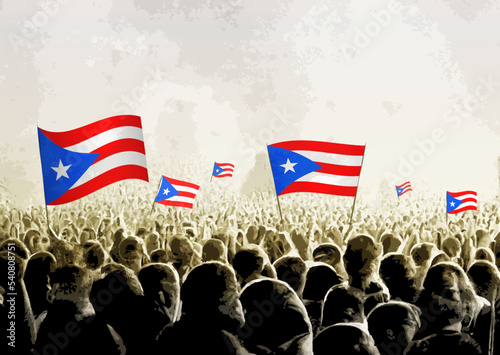 Crowd with the flags of Puerto Rico, people cheering national team of Puerto Rico. Ai generated illustration of crowd.