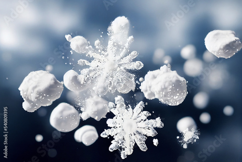 White magical snowflakes. Snow powder explosion ice or snowflakes splash clouds.
