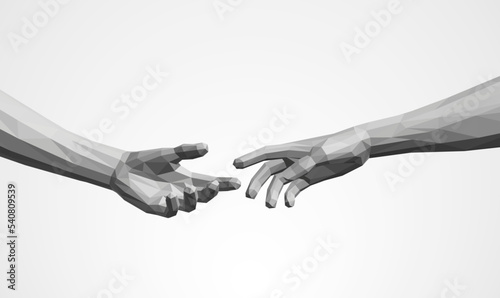 Polygonal Lowpoly Hands Reaching to Each Other. Offering Help Gesture