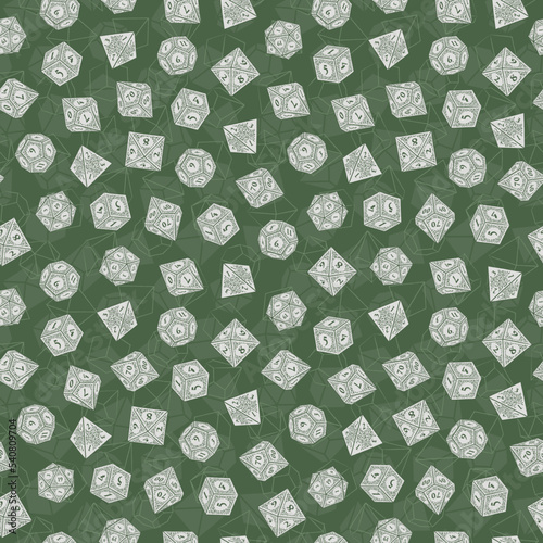 Green Seamless Pattern of D4, D6, D8, D10, D12, and D20 Dice for Board Games