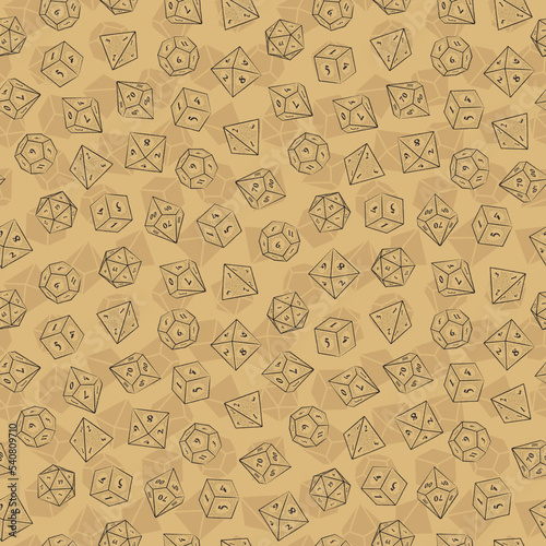 Brown Seamless Pattern of D4, D6, D8, D10, D12, and D20 Dice for Board Games