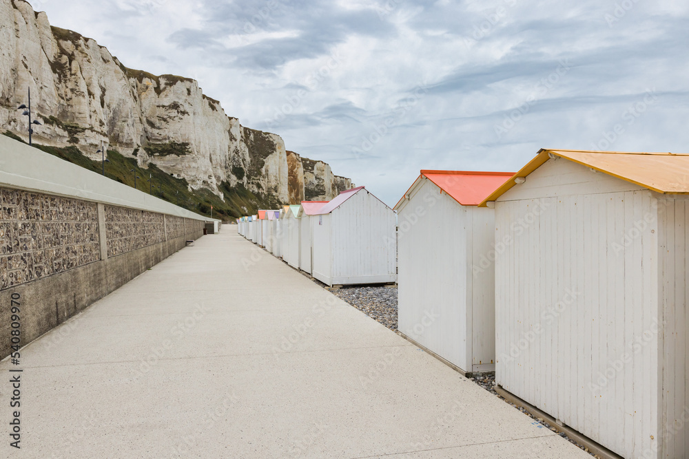 row of beach huts at the beach of Le Treport, Seine-Maritime, France