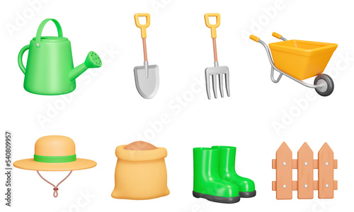 Gardening 3d icon set. Tools, equipment for garden and vegetable garden care. Spout, shovel, pitchfork, wheelbarrow, hat, bag, boots, fence. Isolated icons, objects on transparent background
