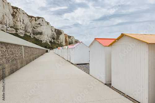 row of beach huts at the beach of Le Treport, Seine-Maritime, France photo