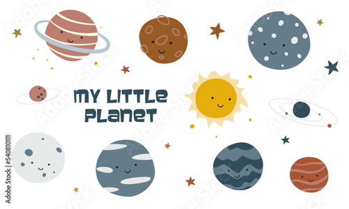 Set of cartoon planets with cute faces