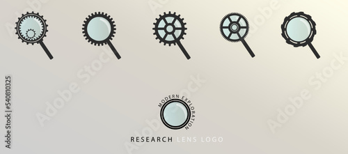 Magnifying glass icon set. Modern symbol with gear, flat graphic design: virtual search and exploration concept.