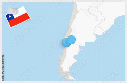 Map of Chile with a pinned blue pin. Pinned flag of Chile.
