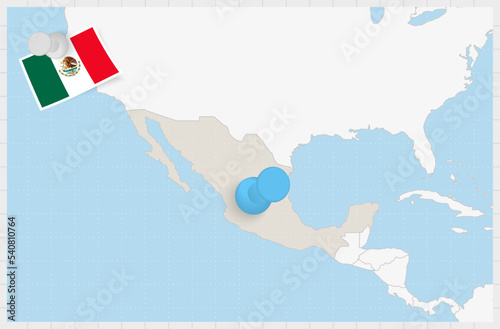 Map of Mexico with a pinned blue pin. Pinned flag of Mexico.