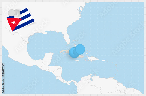 Map of Cuba with a pinned blue pin. Pinned flag of Cuba.