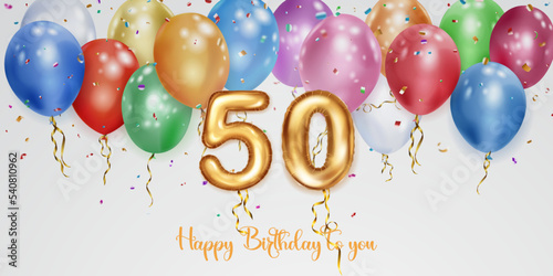 Festive birthday illustration with colored helium balloons, big number 50 golden foil balloon, flying shiny pieces of serpentine and inscription Happy Birthday on white background