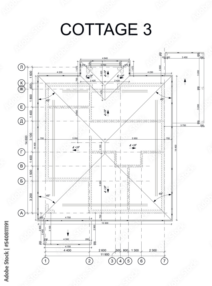 Detailed architectural one story private house blueprints and drawings. Vector illustration