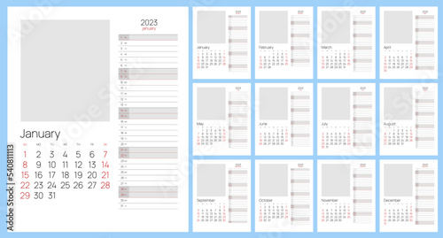 Calendar Planner for 2023. Calendar template for 2023. Stationery Design Print Template. Calendar Planner Organization Management. photo