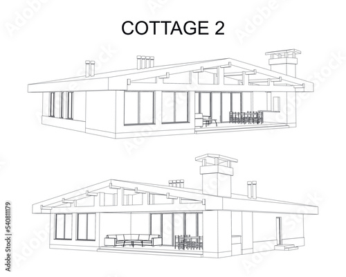 Detailed architectural one story private house blueprints and drawings. Vector illustration