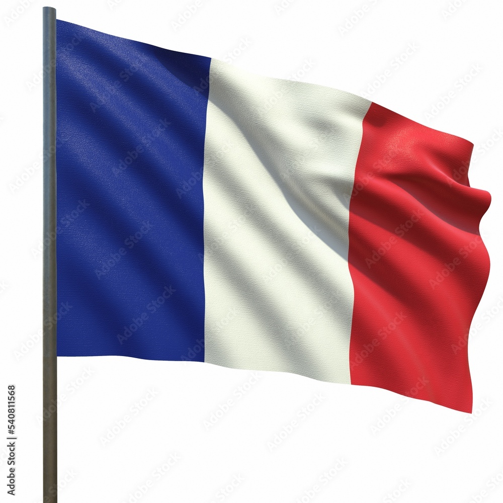 flag of France waving in the wind on a white background 3d-rendering