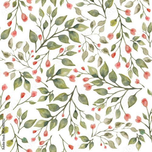 Watercolor  seamless pattern with abstract small flowers  leaves  branches. Hand drawn floral illustration isolated on white background. For packaging  wallpaper  wrapping  design or print